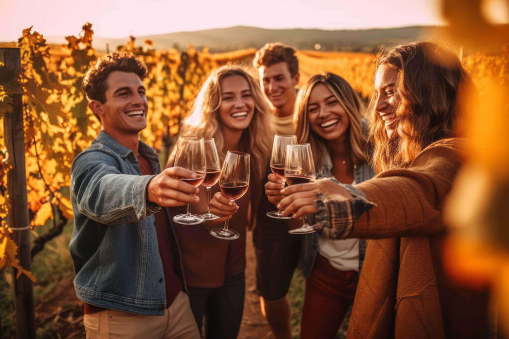 Junge Erwachsene stoßen mit Wein an, fröhliche Stimmung im Weinberg bei Herbstlicht.